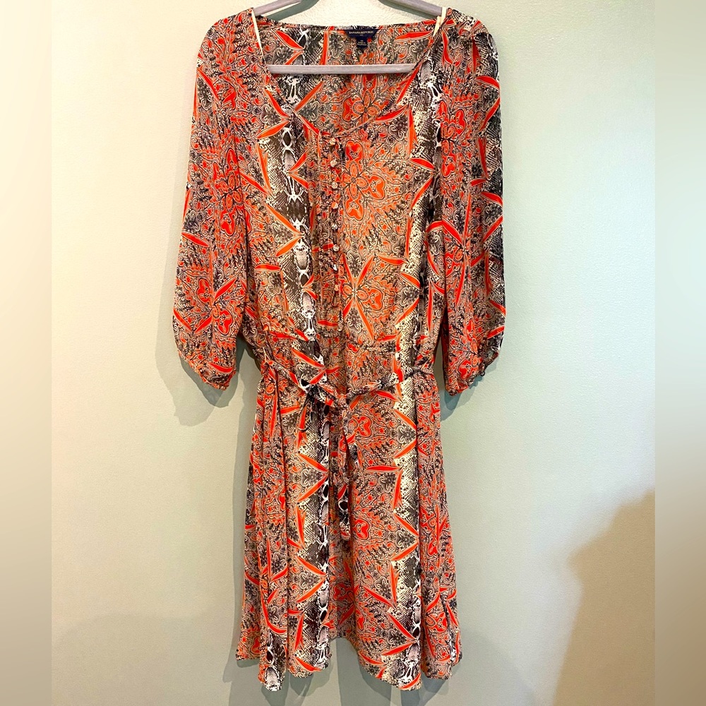 Banana Republic Dress Snakeskin Red Black Brown Long Sleeve Sheer Flowy 12